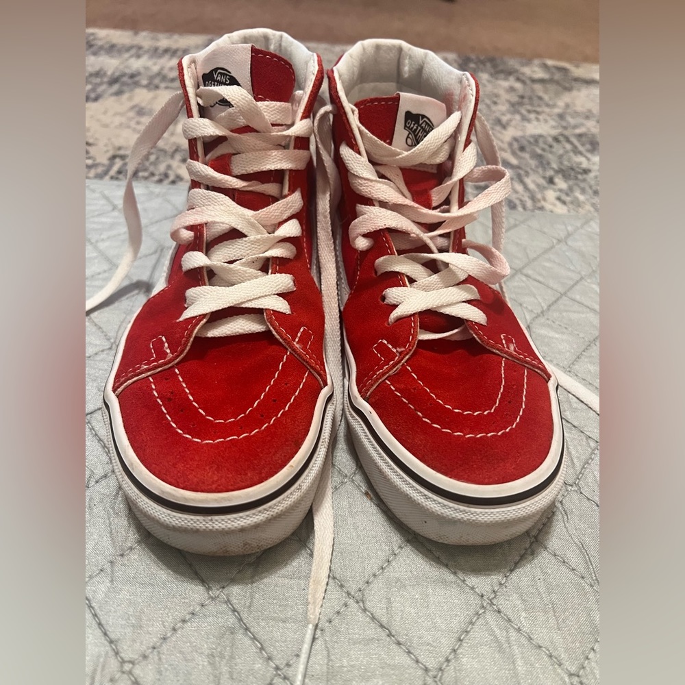 Red suede high top Vans